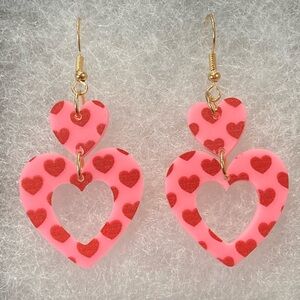 Pink & Red Double Heart Acrylic Gold Toned Earrings